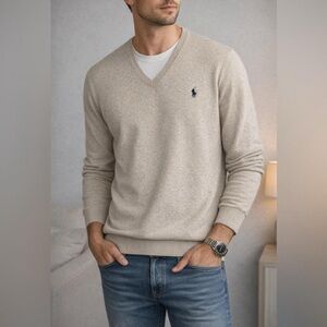 Polo Ralph Lauren Men's L Pima Cotton V-Neck Sweater Heather Oatmeal Beige